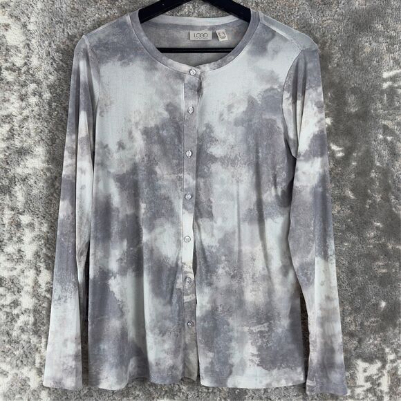 Logo Lori Goldstein Size XS Sheer Stretch Tie Dye Top Gray Button Long Sleeve - Picture 1 of 10